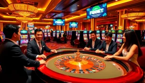 Experience the thrill of F8BET at a vibrant casino scene with roulette, poker chips, and digital interfaces.