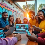 Hip hop publicist team collaborating on a vibrant music marketing campaign in an urban setting.