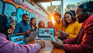 Hip hop publicist team collaborating on a vibrant music marketing campaign in an urban setting.