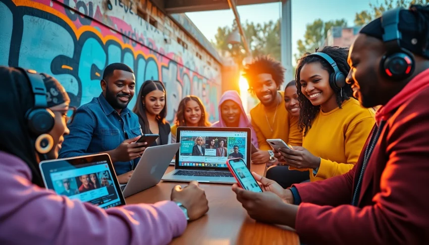 Hip hop publicist team collaborating on a vibrant music marketing campaign in an urban setting.