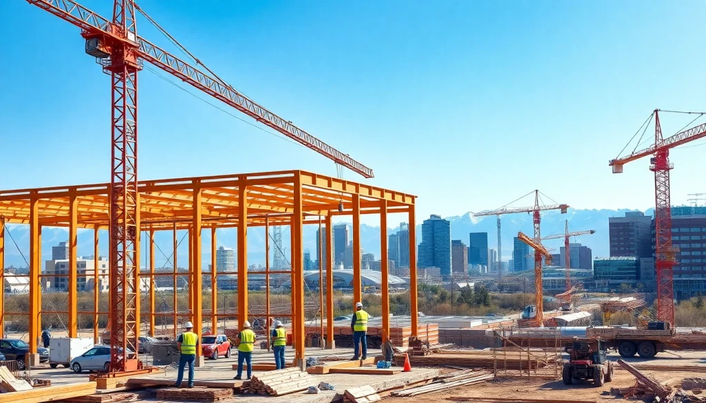 Workers on a construction association denver site collaborating amidst equipment and cranes.