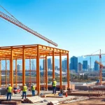 Workers on a construction association denver site collaborating amidst equipment and cranes.