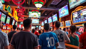 Engaged fans enjoying sports betting in Oklahoma at a lively casino with vibrant atmosphere.