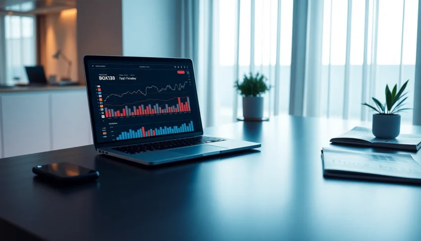 Professional finance workspace showing BOX138 financial graphs on a laptop.