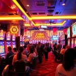 Permainkan slot deposit 1000 dengan nuansa kasino yang ceria dan ramai.