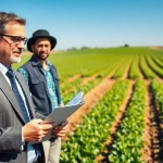 Consult a lawyer on agriculture law in a sunny farm setting with crops.