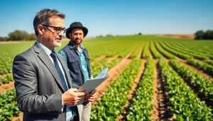 Consult a lawyer on agriculture law in a sunny farm setting with crops.
