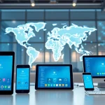 快连下载 app displayed on digital devices in a modern workspace.