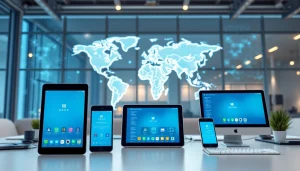 快连下载 app displayed on digital devices in a modern workspace.