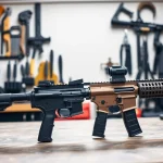 Demonstrating superior functionality, the super safety ar15 is featured on a workbench.