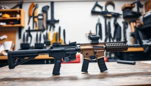 Demonstrating superior functionality, the super safety ar15 is featured on a workbench.