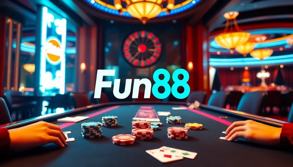 Experience the excitement of Fun88 with high-stakes poker, vibrant casino ambiance, and spinning roulette.