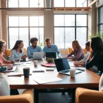 Agency team collaborating in a modern workspace, fostering creativity and teamwork.