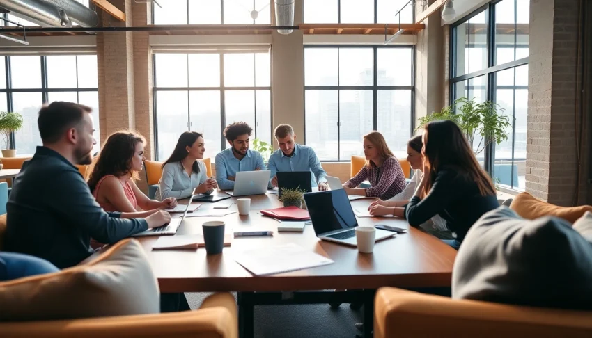 Agency team collaborating in a modern workspace, fostering creativity and teamwork.