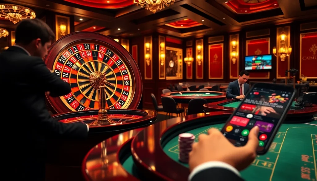 Experience the elegance of Nhà Cái Uy Tín in a luxurious casino setting with vibrant gaming tables and roulette.