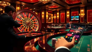 Experience the elegance of Nhà Cái Uy Tín in a luxurious casino setting with vibrant gaming tables and roulette.