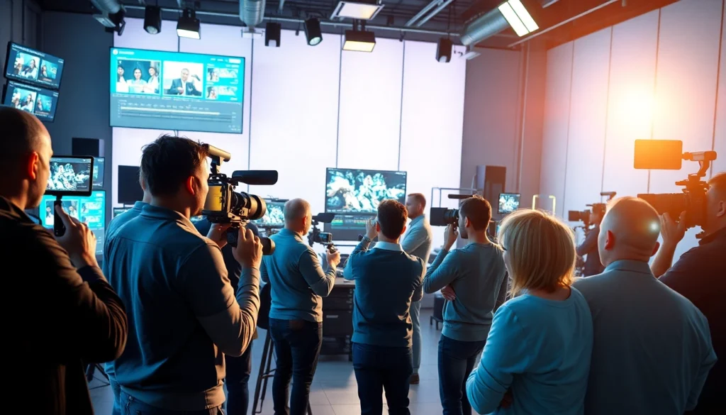 Showcase a video production company Phoenix team actively filming in a modern studio.