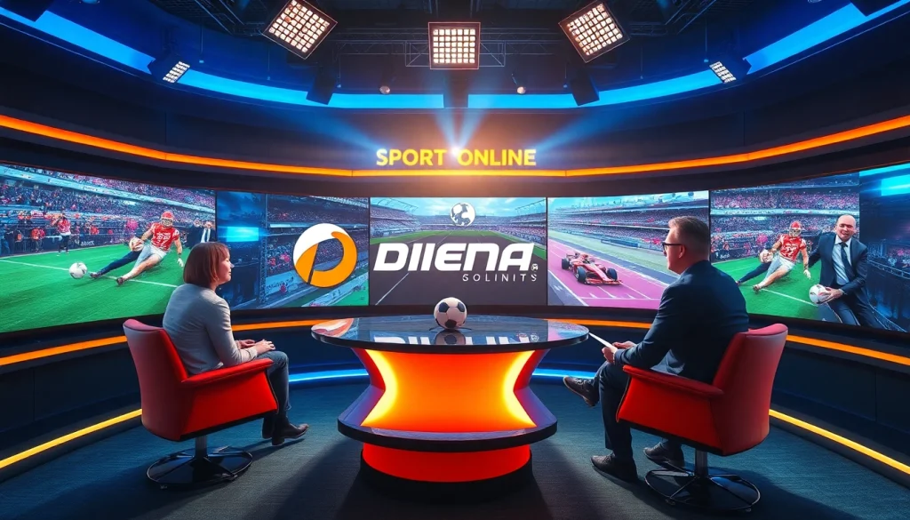 Watch Diema Sport Online free in an engaging sports broadcasting studio with hosts discussing live events.
