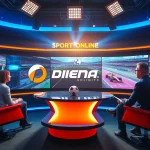 Watch Diema Sport Online free in an engaging sports broadcasting studio with hosts discussing live events.