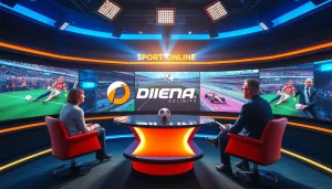 Watch Diema Sport Online free in an engaging sports broadcasting studio with hosts discussing live events.