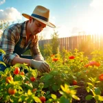 Gardening with vibrant plants and a dedicated gardener examining vegetables in a sunlit garden.