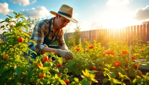 Gardening with vibrant plants and a dedicated gardener examining vegetables in a sunlit garden.