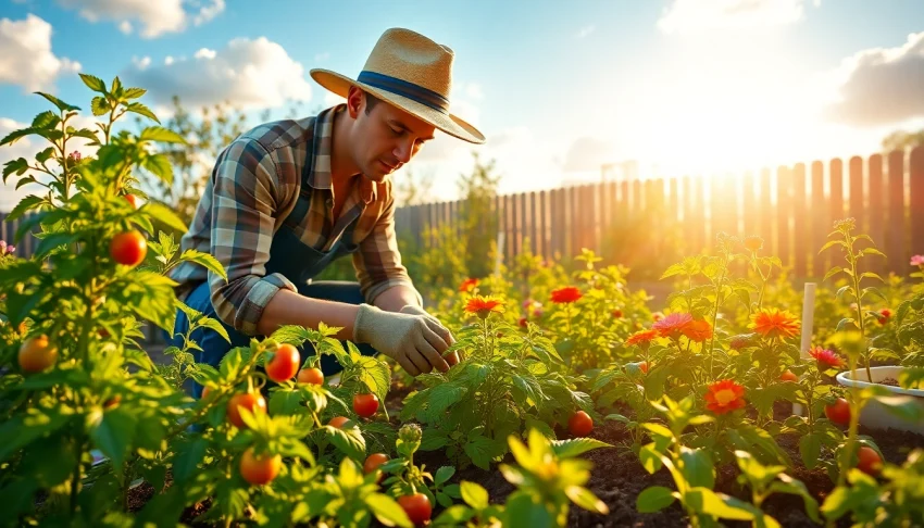 Gardening with vibrant plants and a dedicated gardener examining vegetables in a sunlit garden.