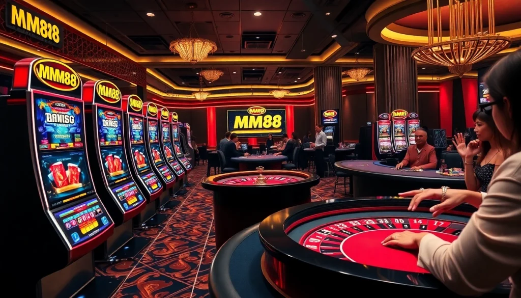 MM88 casino scene with lively poker tables and luxurious slot machines, capturing excitement.