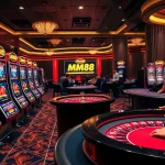 MM88 casino scene with lively poker tables and luxurious slot machines, capturing excitement.
