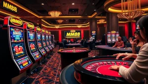 MM88 casino scene with lively poker tables and luxurious slot machines, capturing excitement.