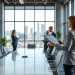 Discover the real estate workspace with agents assisting clients in a modern office.