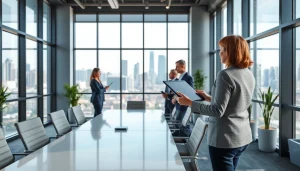 Discover the real estate workspace with agents assisting clients in a modern office.