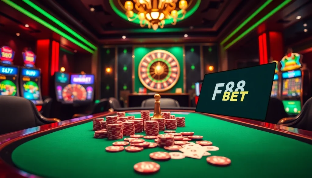 Experience the excitement of F8 BET at a luxurious online casino setting filled with poker, roulette, and slot machines.