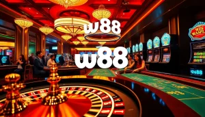 Experience the excitement of gambling at w88's luxurious casino, featuring roulette and poker tables.