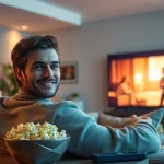 Enjoying a movie on https://bandarlayarkaca21.com in a cozy living room with soft lighting.