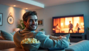 Enjoying a movie on https://bandarlayarkaca21.com in a cozy living room with soft lighting.