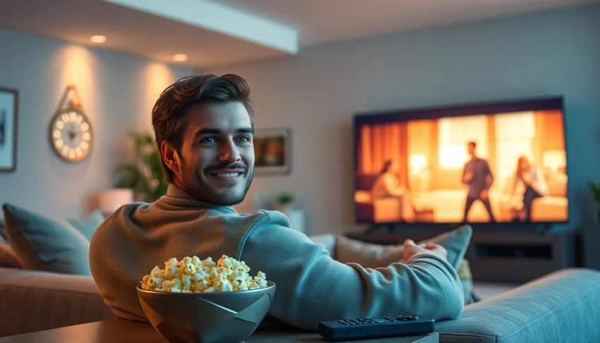 Enjoying a movie on https://bandarlayarkaca21.com in a cozy living room with soft lighting.