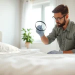 Inspecting for bed bugs at https://affordablebedbugexterminators.com in a clean, inviting bedroom.