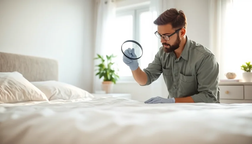 Inspecting for bed bugs at https://affordablebedbugexterminators.com in a clean, inviting bedroom.