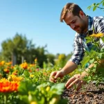 Engaging in Gardening activities, showcasing vibrant vegetables and lush greenery in a serene setting.