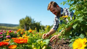 Engaging in Gardening activities, showcasing vibrant vegetables and lush greenery in a serene setting.