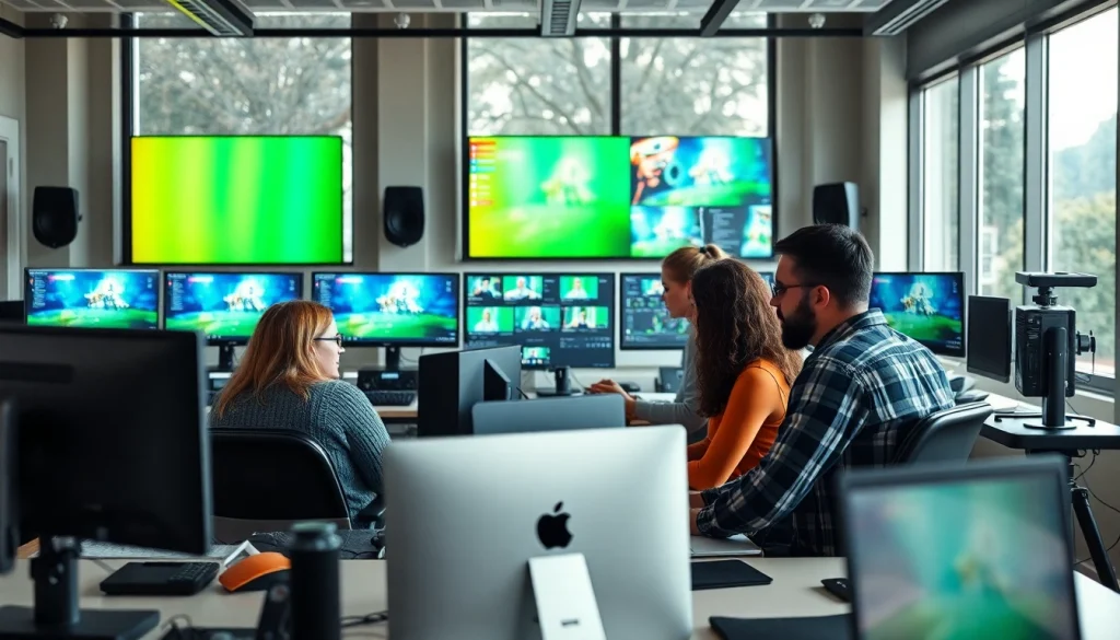 Engaged professionals delivering high-quality video editing services in a modern studio.