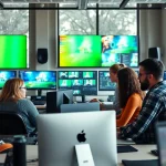 Engaged professionals delivering high-quality video editing services in a modern studio.