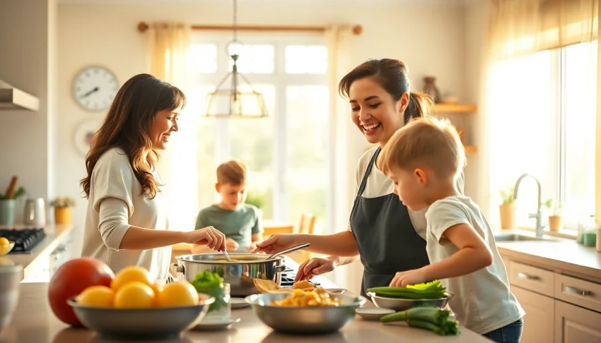 Mom cooking in a bright kitchen, representing family time on https://giveaways4mom.com.