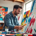 Artist creating vibrant acrylic artwork at https://acrylicpedia.com studio.