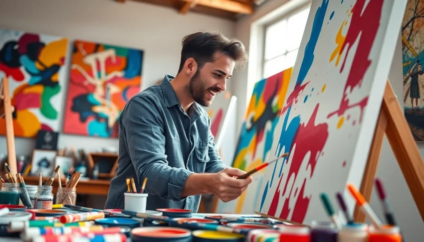 Artist creating vibrant acrylic artwork at https://acrylicpedia.com studio.