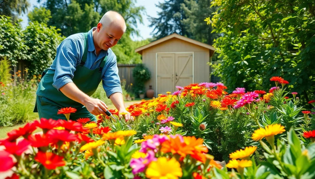 Gardening expert nurturing vibrant flowers in a lush garden environment.