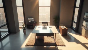 Showcase a professional real estate office with polished design, highlighting modern elements.