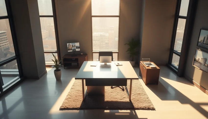 Showcase a professional real estate office with polished design, highlighting modern elements.