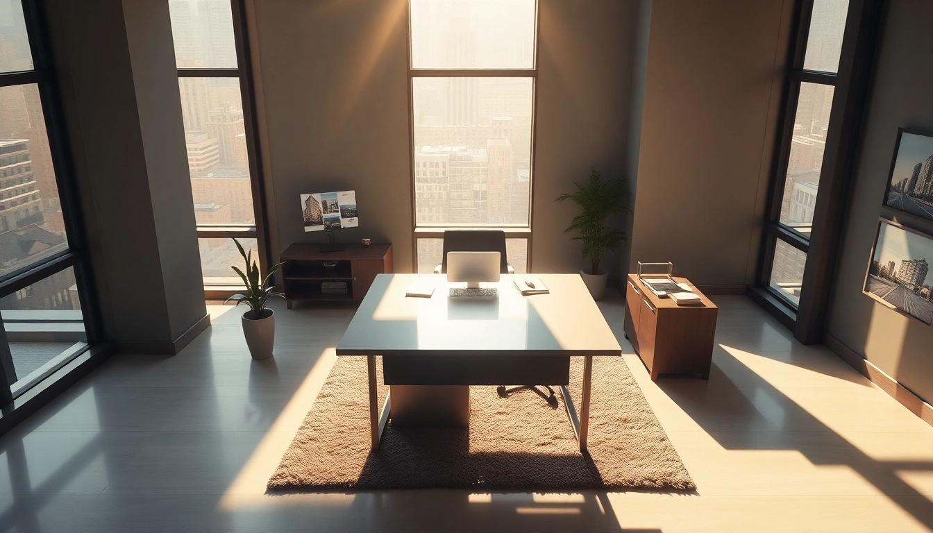 Showcase a professional real estate office with polished design, highlighting modern elements.